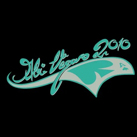 Grafisches Logo mit der Aufschrift 'Mia Vegas Jr 2016' in türkis auf schwarzem Hintergrund.