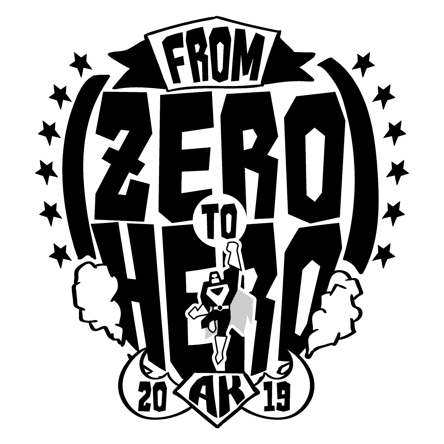 from_zero_to_hero_logo_2019 Monochromes Logo mit Text "From Zero To Hero" und Jahreszahl 2019 umgeben von Sternen.