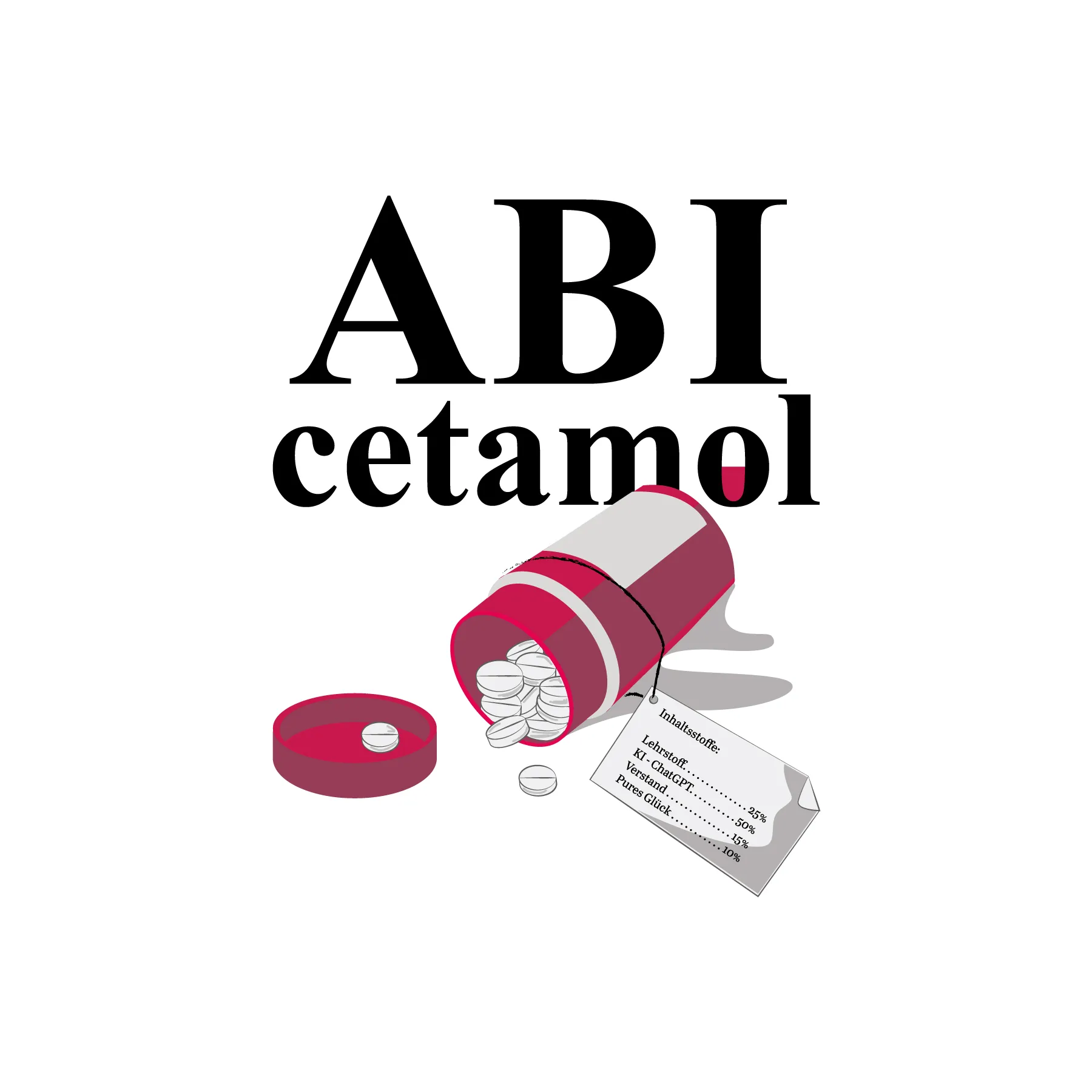 Schriftzug ABI cetamol neben roter Pillendose mit Tabletten und Karte mit Lehrstoff 25 pct KIChatGPT 50 pct Verstand 15 pct Gluck 10 pct