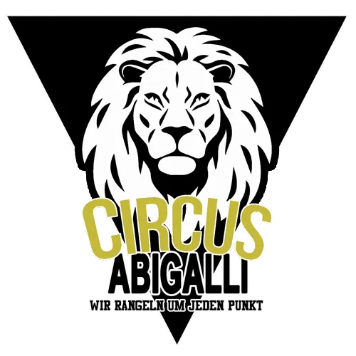Schwarzer Löwenkopf im Dreieck mit Text "CIRCUS ABIGALLI" und Motto in Gelb.