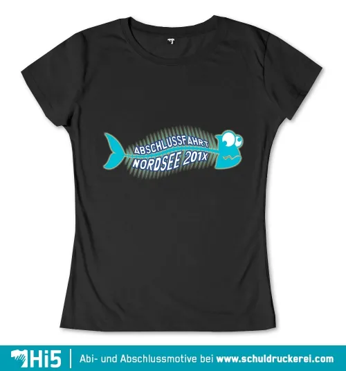 Design einer Abschlussfahrt mit Fischmotiv und Text "Nordsee 2017" auf dunklem Hintergrund.