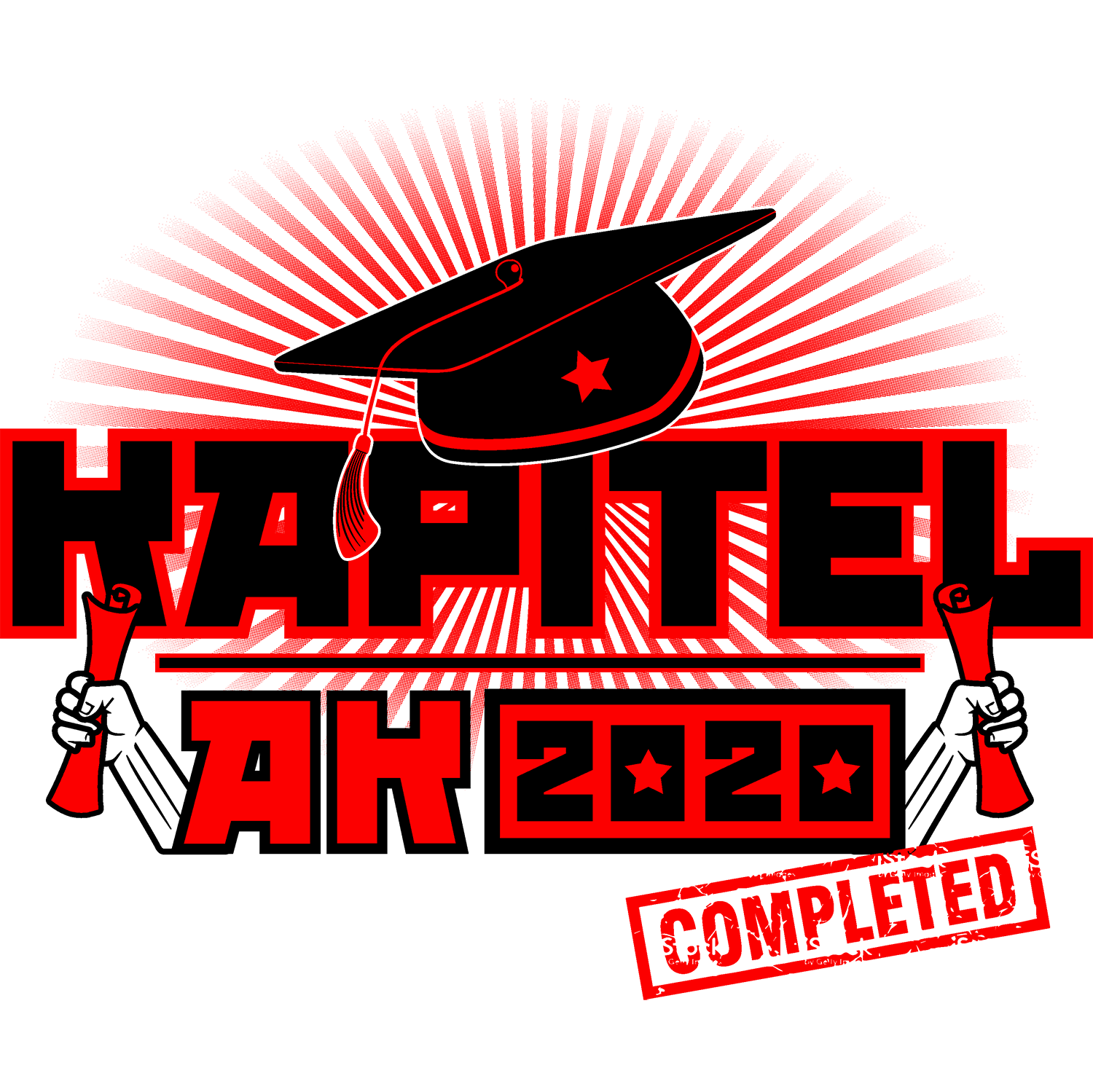 Grafik in Rot und Schwarz mit akademischem Hut, zwei Händen und Champagner, Schriftzug "KAPITEL AKADEMIE 2020".