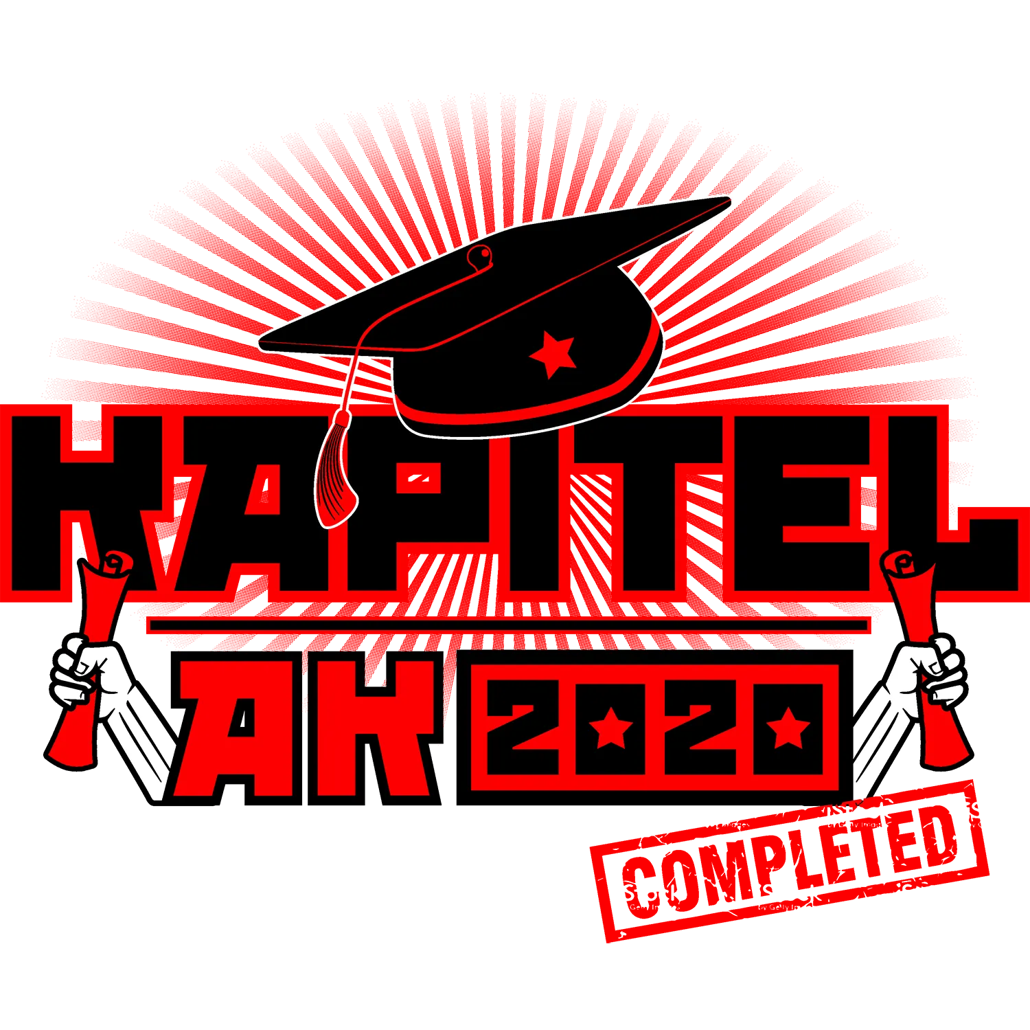 Grafik in Rot und Schwarz mit akademischem Hut, zwei Händen und Champagner, Schriftzug "KAPITEL AKADEMIE 2020".