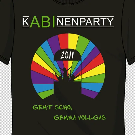 schwarzes_tshirt_mit_buntem_design_und_text Kabinenparty geht scho gemma Vollgas design