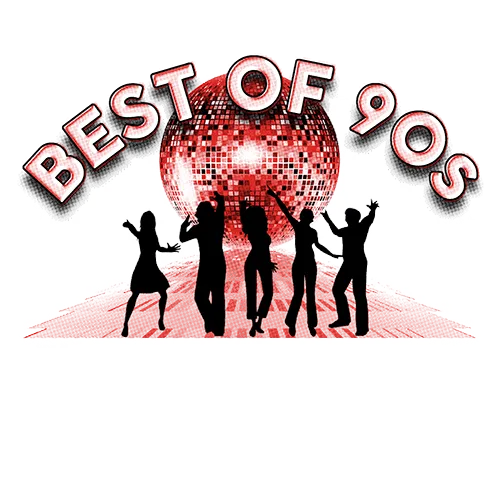 Silhouetten von fünf Personen tanzen unter einer Diskokugel mit dem Text "Best of 90s".