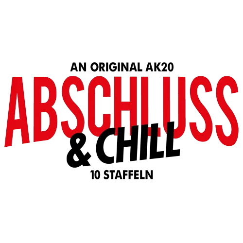 Rotes und schwarzes Textdesign „Abschluss & Chill, 10 Staffeln“ auf hellem Hintergrund.
