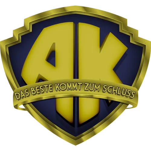 Goldenes Emblem in Schildform mit den Initialen "AK" und dem Spruch "Das Beste kommt zum Schluss" auf dunkelrotem Hintergrund.