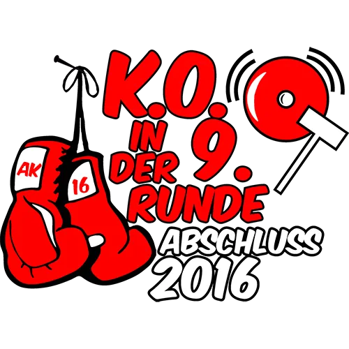 Illustrierte rote Boxhandschuhe vor grünem Hintergrund, Text "K.O. in der 9. Runde Abschluss 2016".