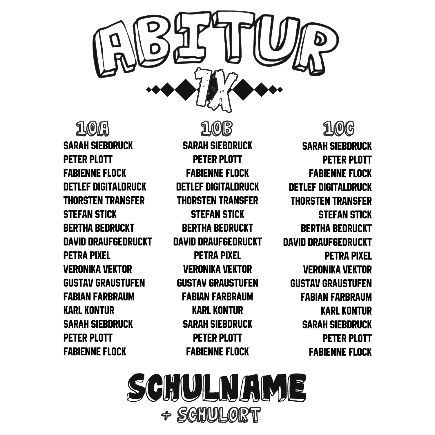 Schwarzes T-Shirt-Design mit dem Text "ABITUR 7X", Klassenzimmerbezeichnungen und Schulname.