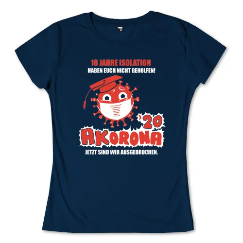 Cartoonartiges Coronavirus mit Absolventenhut und Maske auf dunkelblauem Hintergrund.