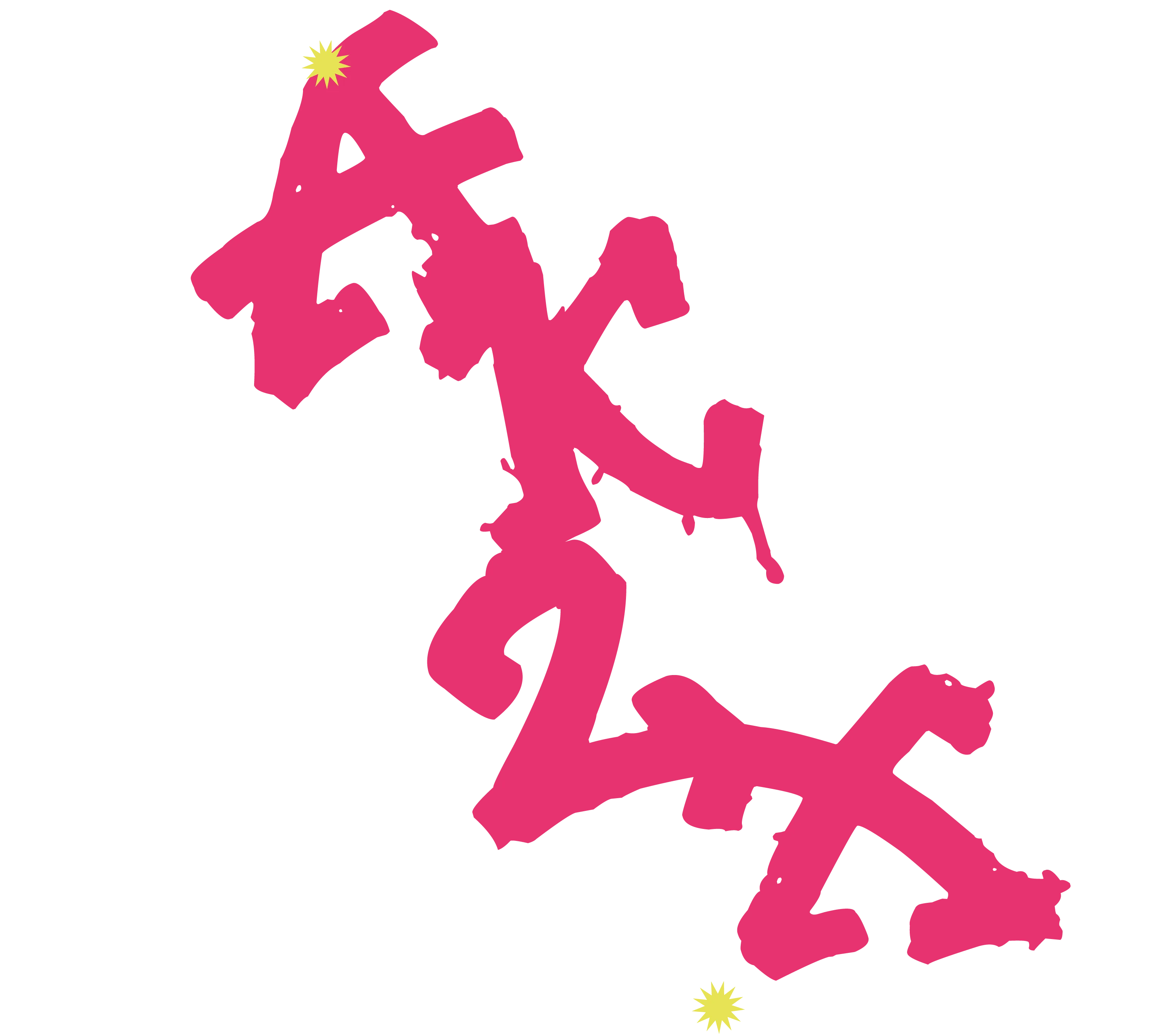 Pink angular zigzag shape on black background with two small yellow starbursts at top left and bottom right