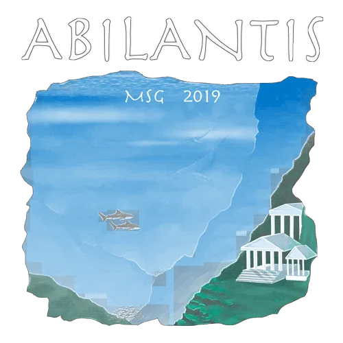 Darstellung einer Insel mit Flugzeug und Tempel auf blauem Hintergrund mit der Aufschrift "Abilantis MSC 2019".