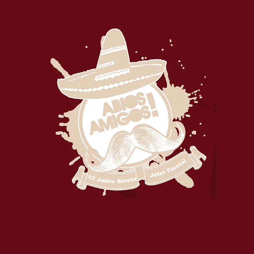Grafik mit Sombrero, Schnurrbart und Banner, Text 'Adios Amigos', auf rotem Hintergrund.