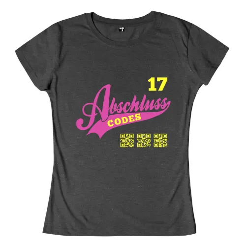 Graues T-Shirt mit "17 Abschluss" in Gelb und "CODES" in Rosa, dazu drei QR-Codes.