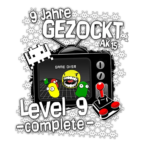 Illustration eines Gaming-Motivs mit "9 Jahre GEZOCKT" Text und einer Konsole auf dunkelblauem Hintergrund.