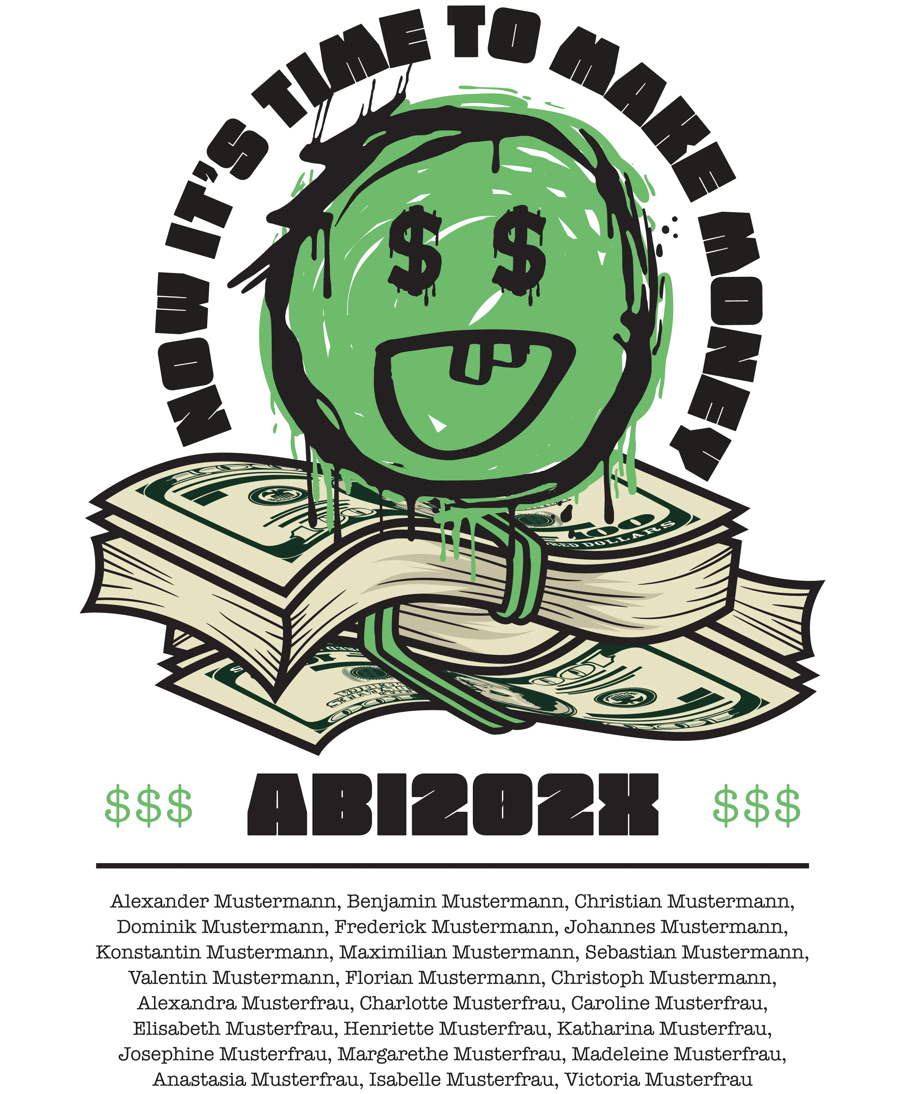 Grüner tropfender Smiley mit Dollaraugen und offenem Mund auf einem Stapel US Dollarbanknoten vor schwarzem Hintergrund