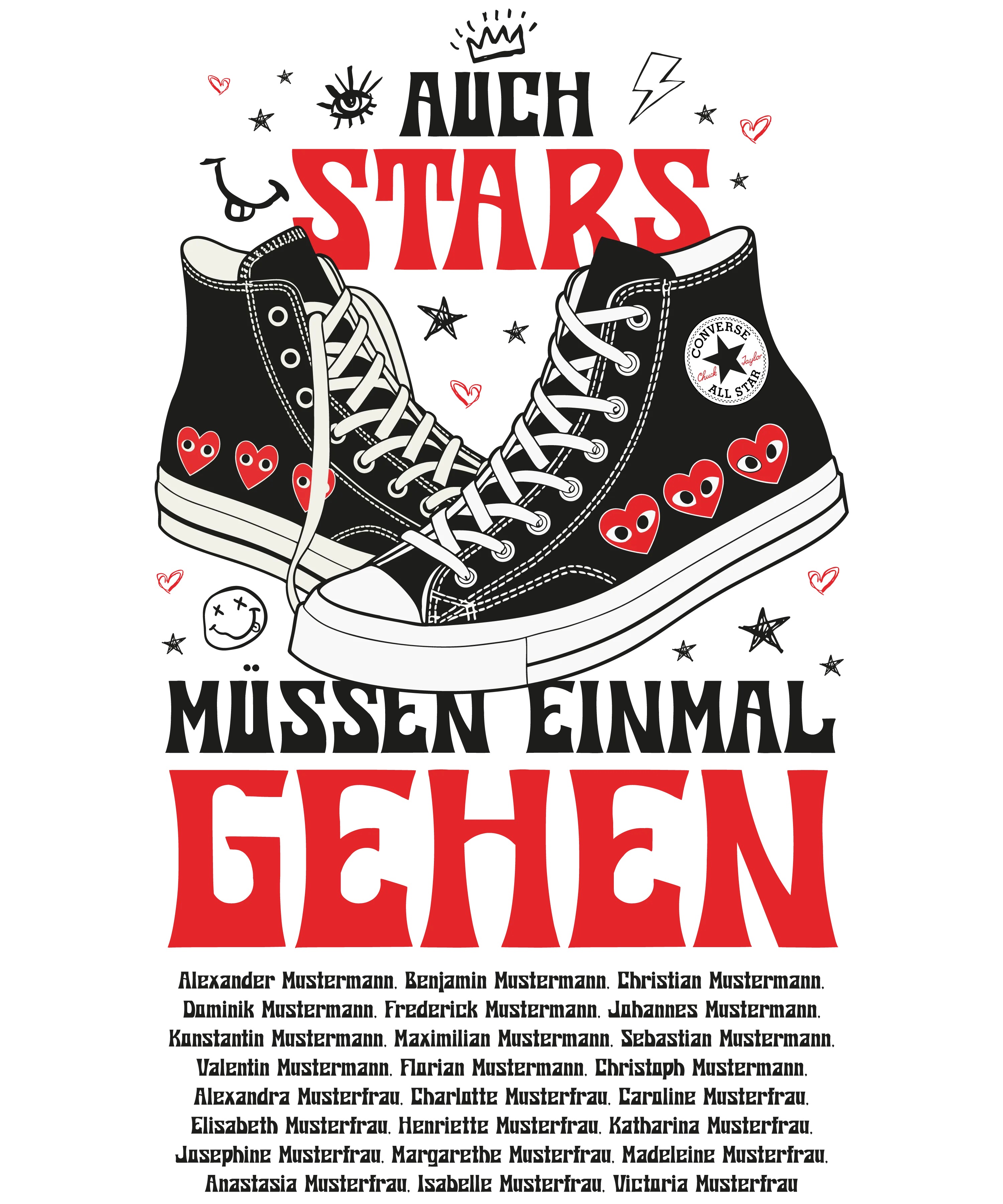 Pair of black high top sneakers with white laces and red heart logos under red text Auch STARS Mussen Einmal Gehen on black background