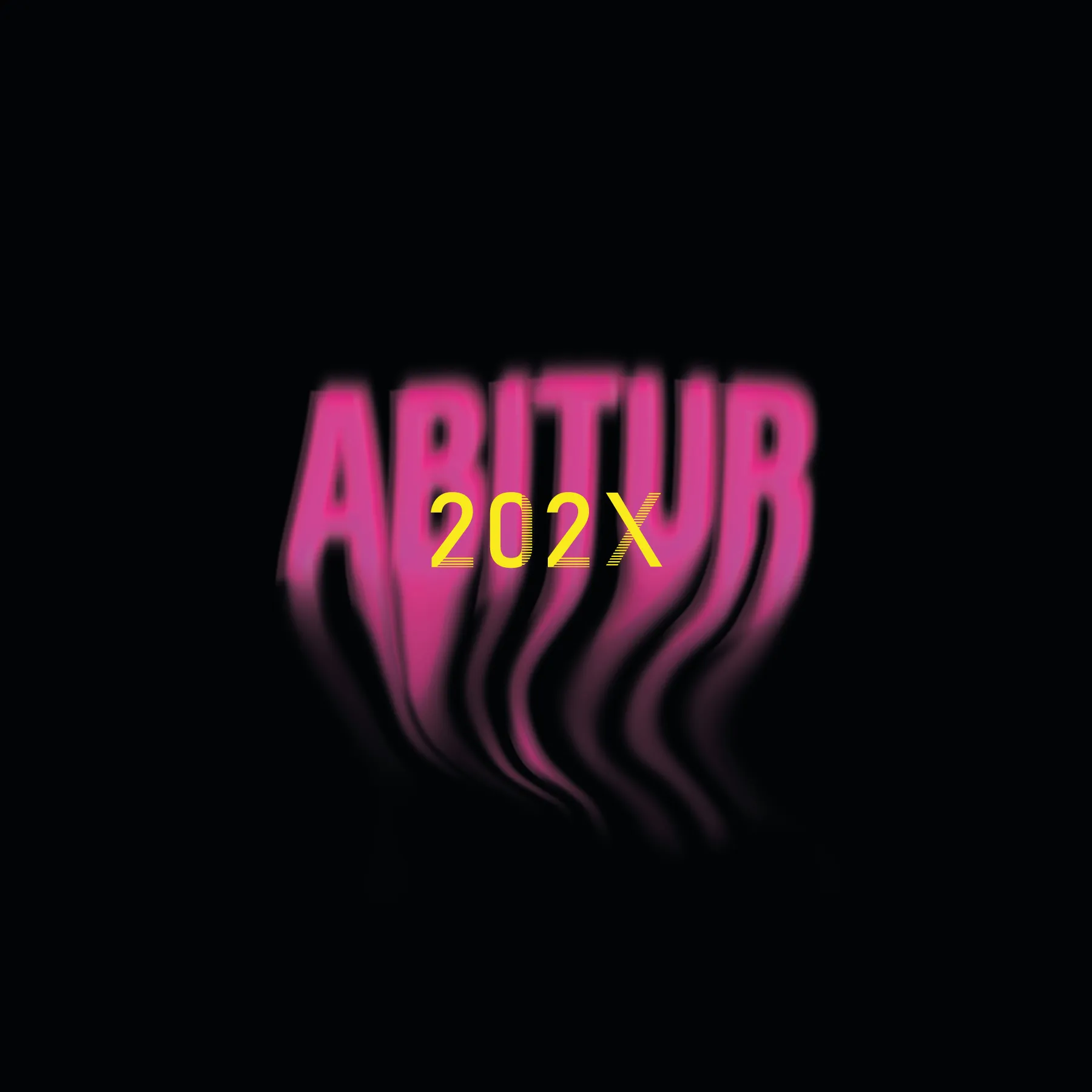 Gelbe Ziffern 202X vor rosa verzerrtem Schriftzug Abitur auf schwarzem Hintergrund