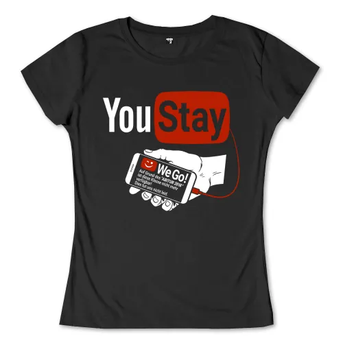 Rot-weißer Text "You Stay" über einer Handy-Abbildung mit Text auf dem Display.