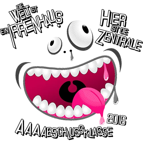 Ein grünes T-Shirt-Design mit einem Cartoon-Monster, das den Mund weit öffnet, mit Text "Die Welt ist ein Irrenhaus".