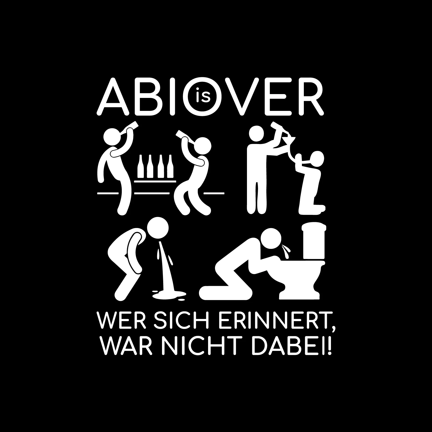 Schwarzer Hintergrund weisser Schrift ABI is OVER vier Piktogramme von Trinkenden und Erbrechenden darunter Wer sich erinnert war nicht dabei