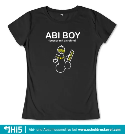 Illustration eines stilisierten Abiturienten, beschriftet mit "ABI BOY - besser mit als ohne!" und "Abi 2016" auf einem dunklen Hintergrund.