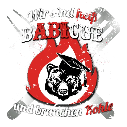 Bild mit grafischem, rotem Flammenhintergrund und einer Bärenillustration mit Absolventenhut. Text: "Wir sind neu BABICUE und brauchen Kohle".