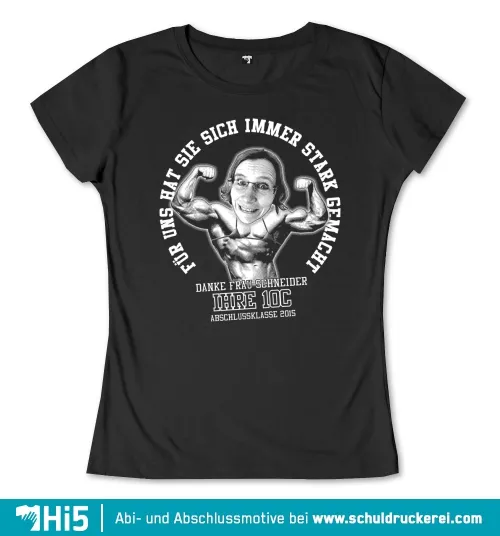 Illustration eines Mannes mit übertrieben muskulösem Körper und dem Kopf einer älteren Frau auf einem T-Shirt.
