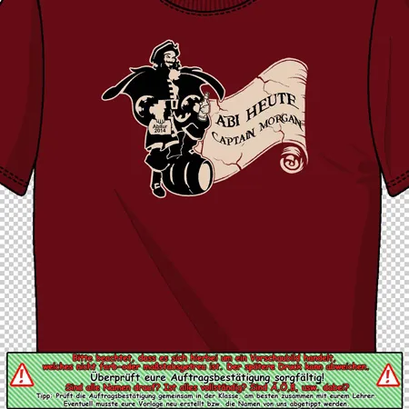 Rotes T-Shirt mit weißem Piratendruck, der ein Banner hält mit Text "Abi Heute Captain Morgan".