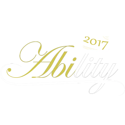 Lila Textur mit weißem Logo "Ability", Krone und Jahreszahl 2017, Slogan "wir gehen, weil wir's können".