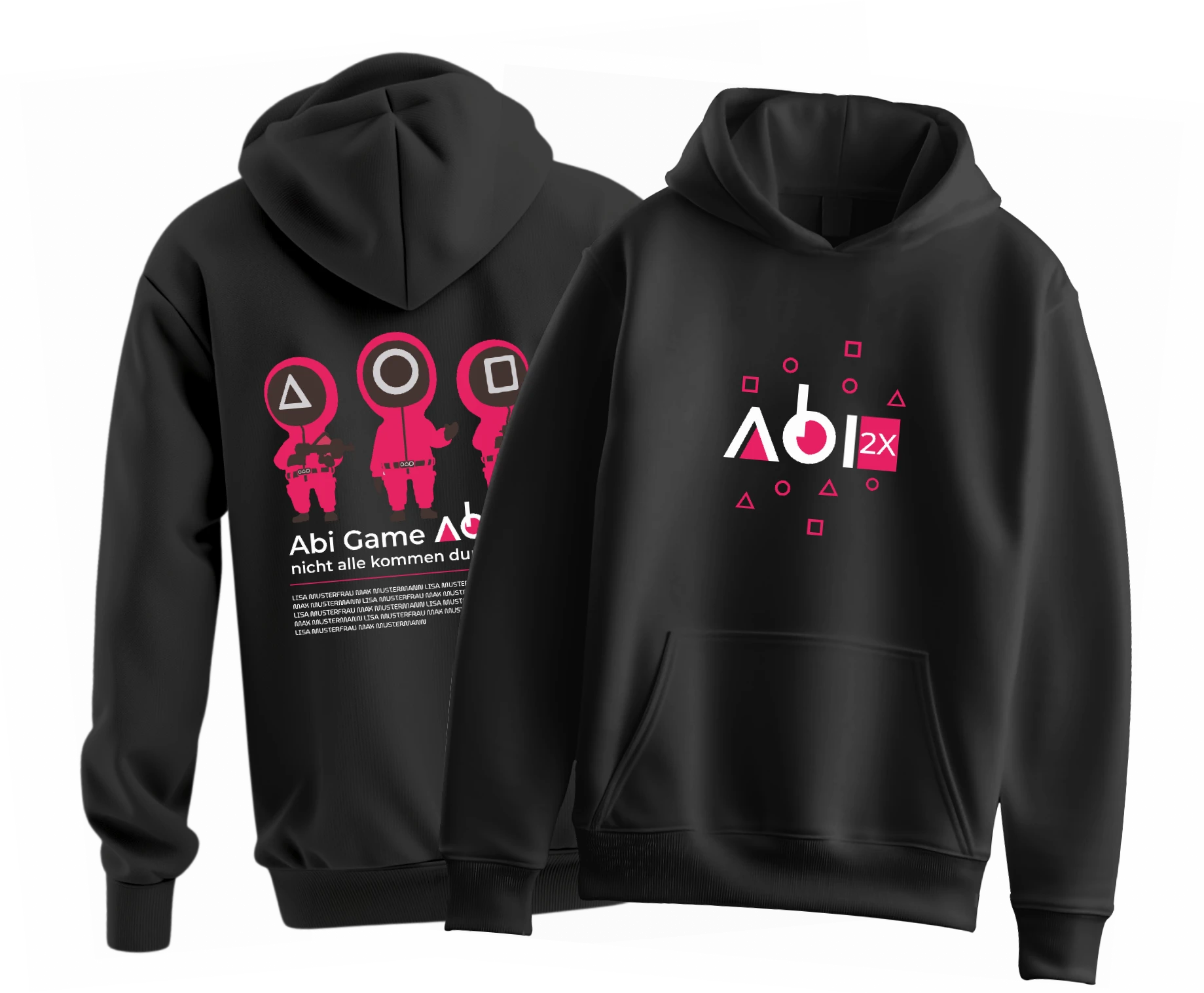 Zwei schwarze Hoodies vorn Abi 2X Logo mit rosa Spielformen hinten drei Figuren mit Masken und Schrift Abi Game nicht alle kommen durch