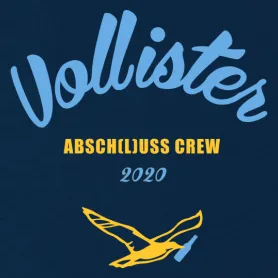 Dunkelblaues Shirt-Design mit "Vollister Abschluss Crew 2020" Text und gelbem Vogel-Logo.