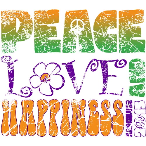 Bunte Worte "Peace", "Love", "Happiness" in Großbuchstaben mit dekorativen Elementen.