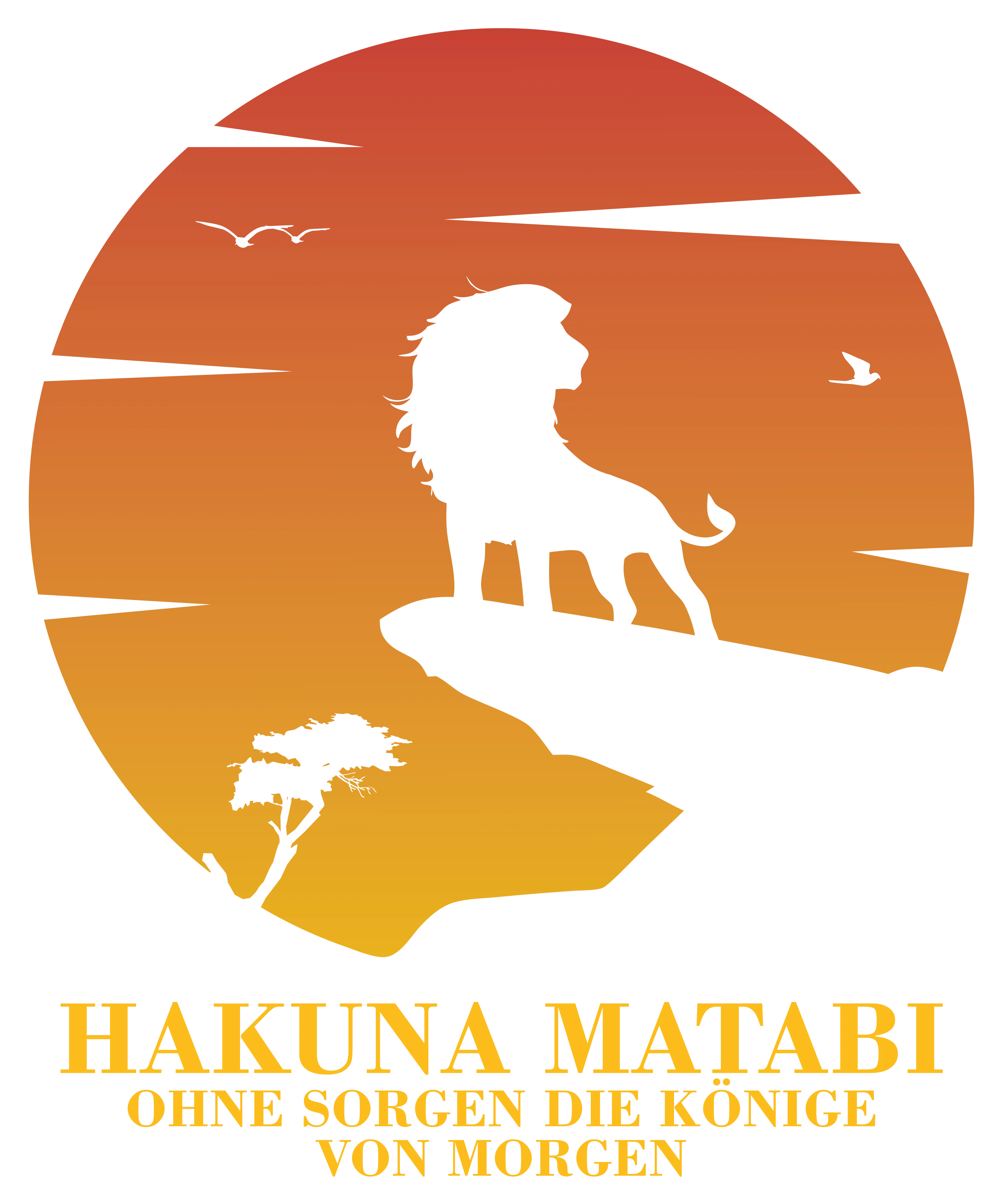 Schwarze Löwensilhouette auf Felsvorsprung vor orangefarbenem Sonnenuntergang und Schriftzug Hakuna Matabi Ohne Sorgen die Könige von morgen