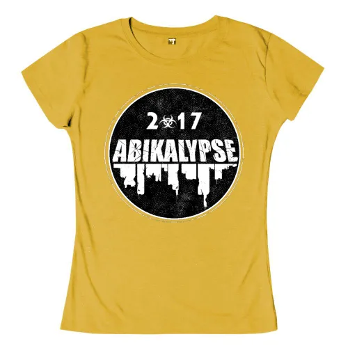 Schwarzes Rundes Logo mit '2*17 ABIKALYPSE' Text in Weiß auf gelbem Hintergrund.