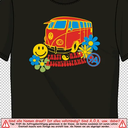 schwarzes_tshirt_mit_buntem_druck Party hard Abschlussfahrt design