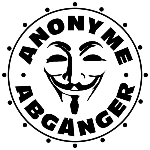 Weißes Emblem mit der Titelschrift "Anonyme Abgänger" und lächelnder Maskengrafik auf grünem Hintergrund.