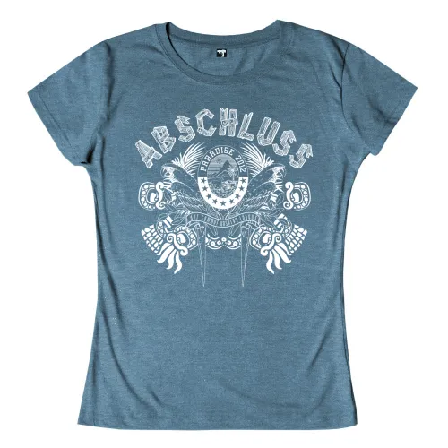 Grafik auf T-Shirt mit Text "ABSCHLUSS PARADISE 2021" und Meeresmotiven im Retro-Stil.