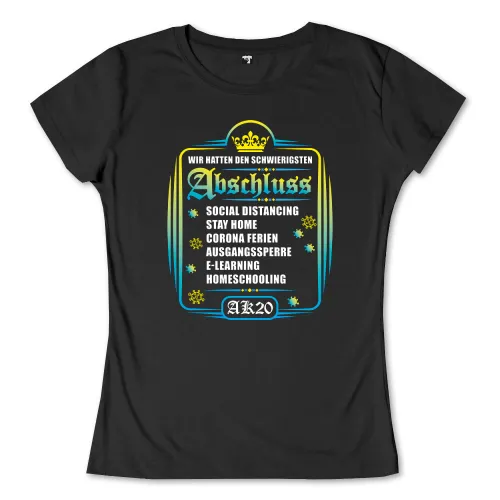 Schwarzes T-Shirt mit der Aufschrift "Wir hatten den schwierigsten Abschluss", Symbole und Wörtern bezüglich COVID-19.