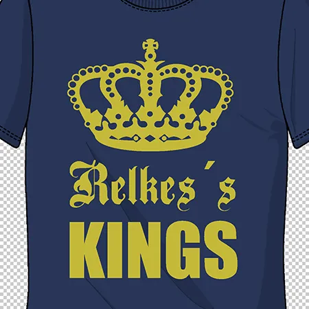 Dunkelblaues T-Shirt mit gelber Krone und 'Relkez's Kings' Text.