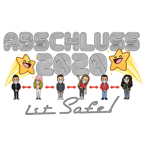 Illustration eines Abschlusses 2020 mit Cartoon-Figuren und Text 'Abschluss 2020 ist Safe!'