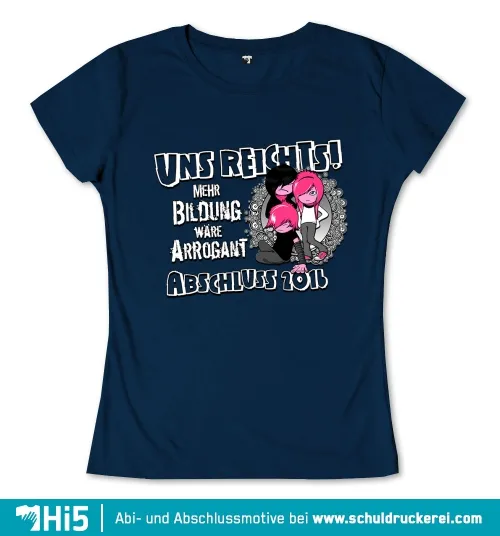 Grafisches T-Shirt-Design mit drei Cartoon-Charakteren und Text "Uns reicht's! Mehr Bildung wäre arrogant - Abschluss 2011".