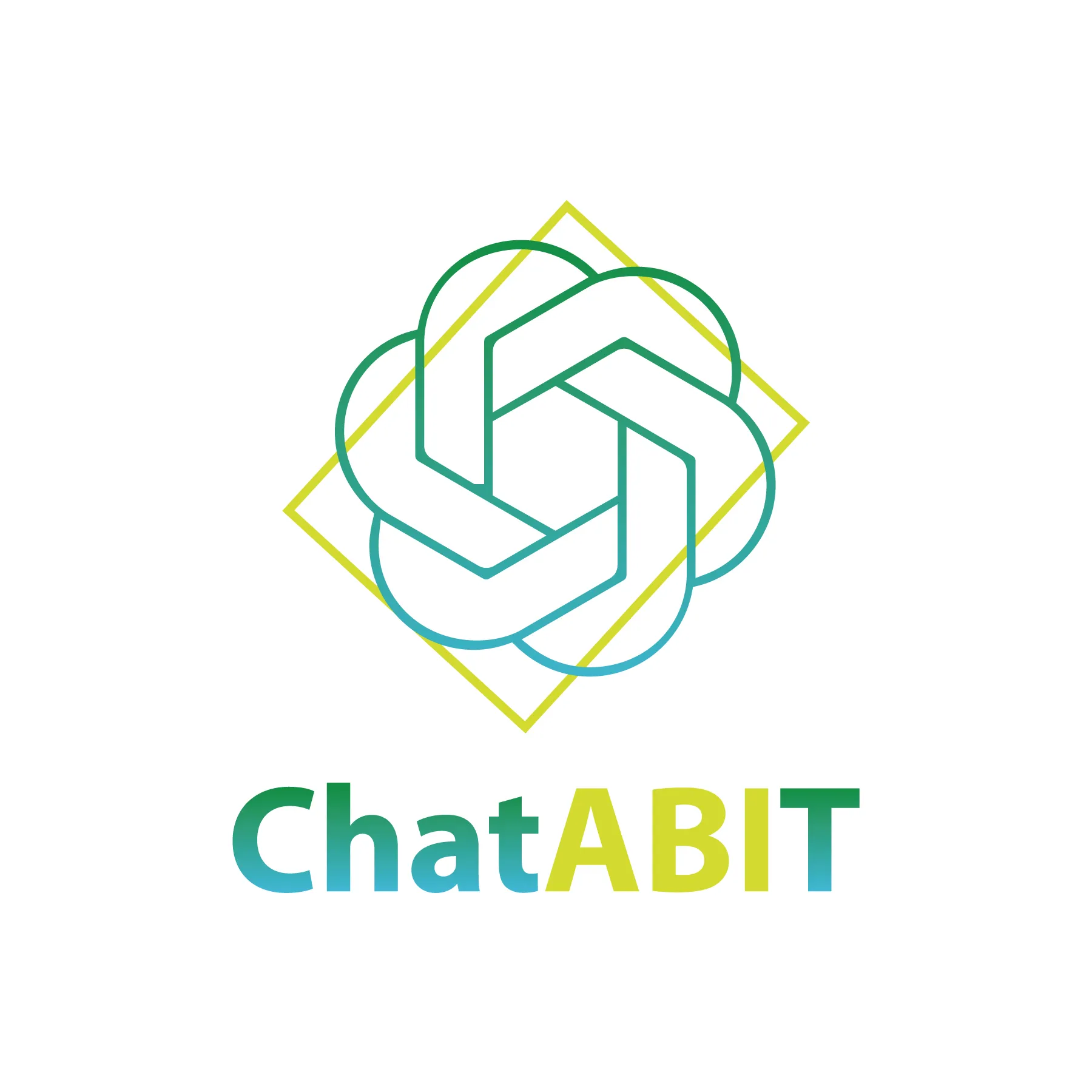 Logo with interlaced hexagonal loop over a rotated square and text ChatABIT below in green and yellow