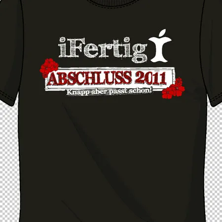Dunkelgrünes T-Shirt mit Aufschrift "iFertig ABSCHLUSS 2011" und roten Blumen.