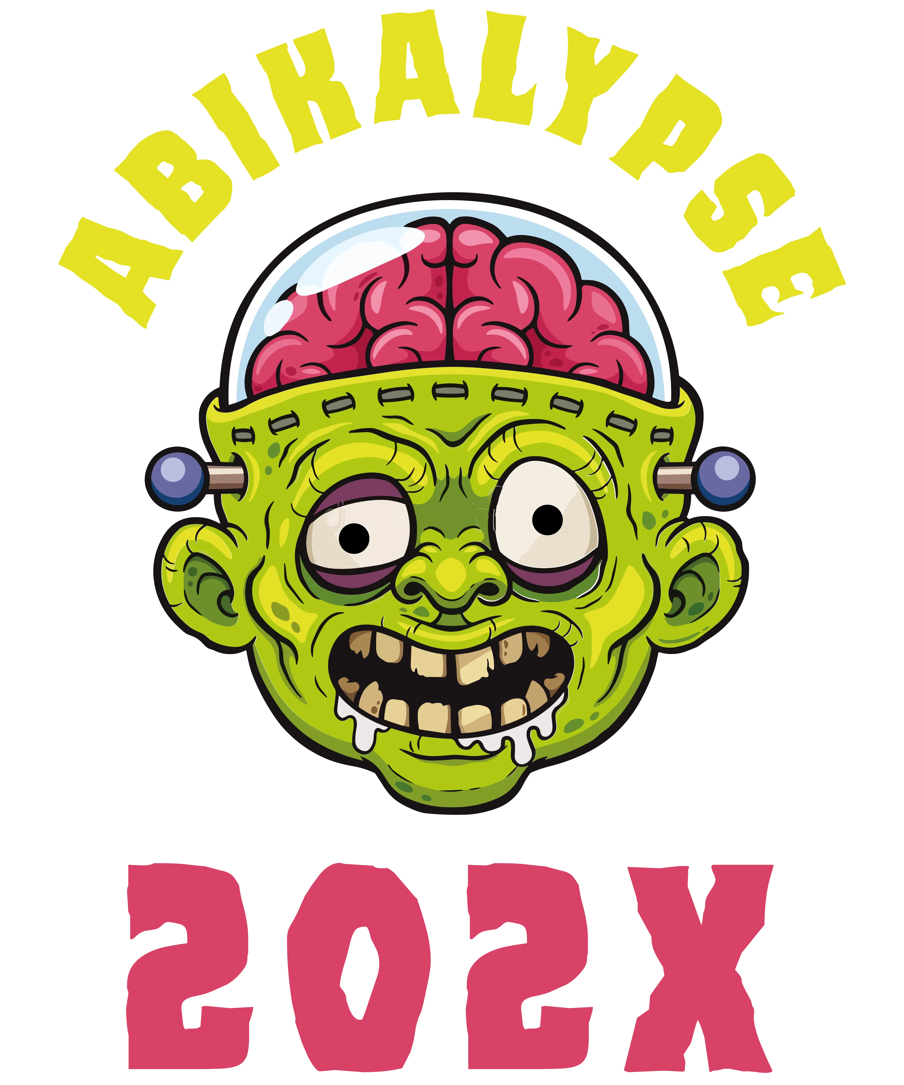 Cartoon green zombie head with exposed pink brain under glass dome flanked by bolts below yellow text ABIRALLYPSE and red text 202X