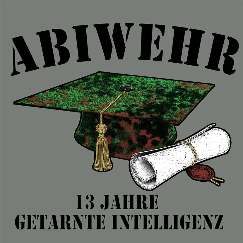 Abschlusskappe_und_Diplom_mit_Tarnmuster Illustration einer Abschlusskappe mit Tarnmuster und einem Diplom, Text "ABIWEHR 13 Jahre getarnte Intelligenz".