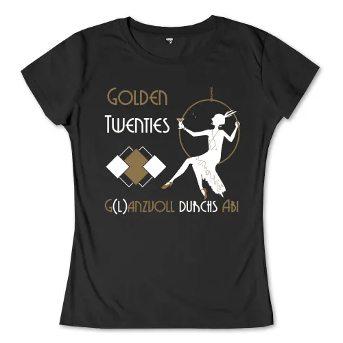 Silhouette einer feiernden Person mit Glas und Buchstaben, umgeben von dem Text "Golden Twenties Glanzvoll Durchs Abi".