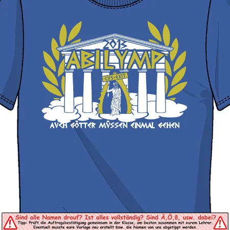 Grafik auf blauem Shirt: Griechische Säulen, Lorbeerkränze, Text "Abilymp 2018".
