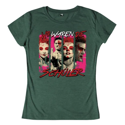 Vier stilisierte Porträts in einer vertikalen Reihe auf grünem Hintergrund mit pinkem Text "Wir waren die Schüler".