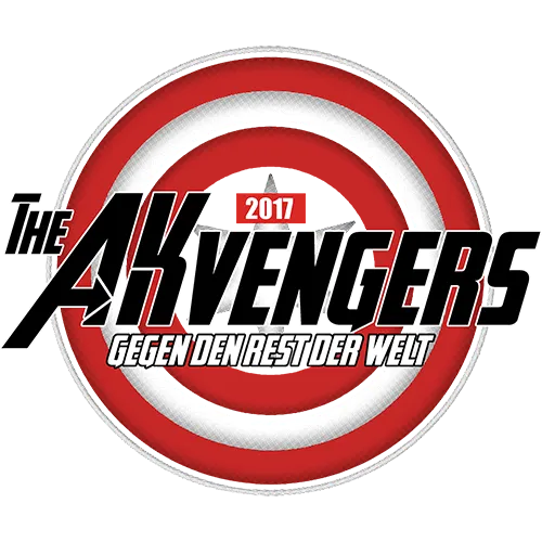Logo mit rotem und weißem Kreis, Schriftzug "The Akvengers 2017 gegen den Rest der Welt" auf grauem Hintergrund.